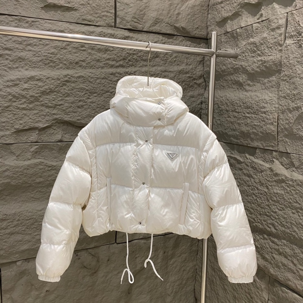 Prada Cream Glossy Cropped Hooded Puffer Jacket
